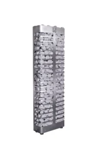 HUUM steel Mini electric sauna heater, angled view of compact slotted stone basket