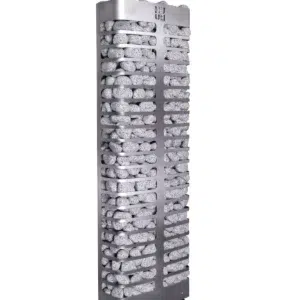 HUUM steel Mini electric sauna heater, angled view of compact slotted stone basket