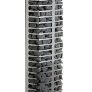 HUUM steel Mini electric sauna heater, front view of basket filled with sauna stones