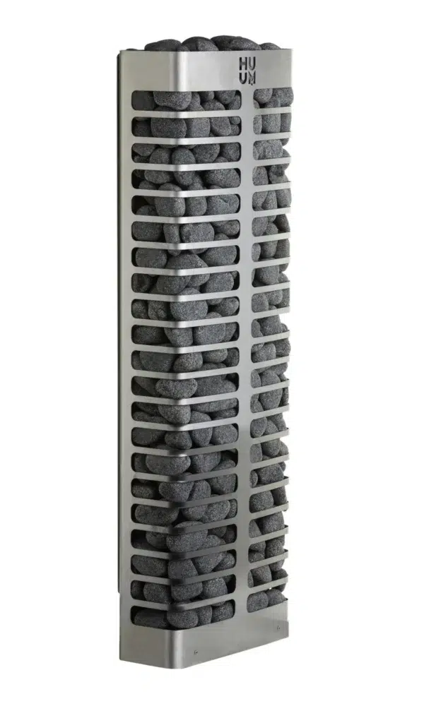 HUUM steel Mini electric sauna heater, front view of basket filled with sauna stones