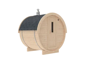Outdoor barrel sauna, compact exterior rendering with entrance door