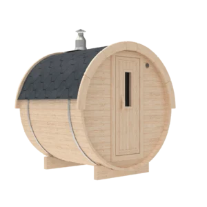 Outdoor barrel sauna, compact exterior rendering with entrance door