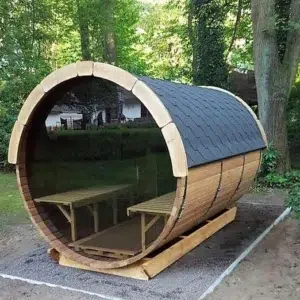 Outdoor barrel sauna, exterior with full-height panoramic end window