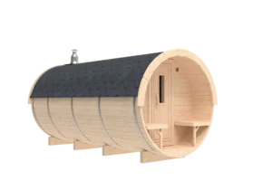 Outdoor barrel sauna, exterior rendering with covered entrance
