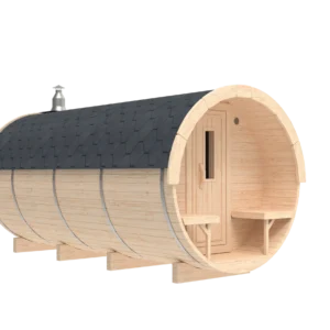 Outdoor barrel sauna, exterior rendering with covered entrance