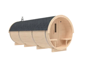 Outdoor barrel sauna, exterior rendering with covered entrance