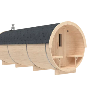 Outdoor barrel sauna, exterior rendering with covered entrance