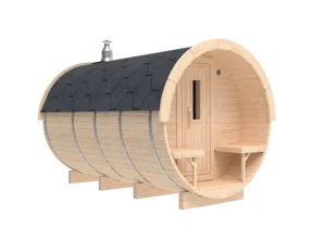 Outdoor barrel sauna, exterior rendering with front porch and chimney