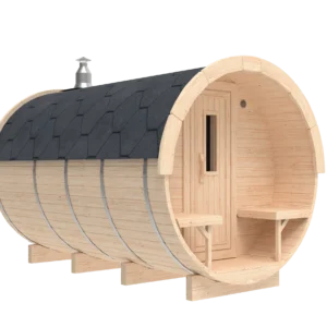 Outdoor barrel sauna, exterior rendering with front porch and chimney