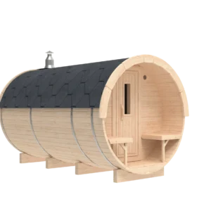 Outdoor barrel sauna, exterior rendering with front porch and chimney