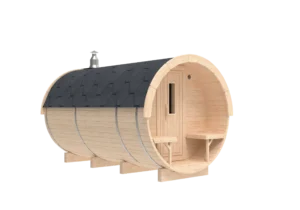 Outdoor barrel sauna, exterior rendering with roof and front porch