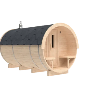 Outdoor barrel sauna, exterior rendering with roof and front porch