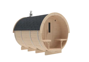 Outdoor barrel sauna, exterior rendering with small covered porch