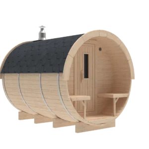 Outdoor barrel sauna, exterior rendering with small covered porch