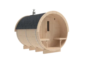 Outdoor barrel sauna, exterior rendering with small front porch