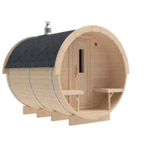 Outdoor barrel sauna, exterior rendering with small front porch