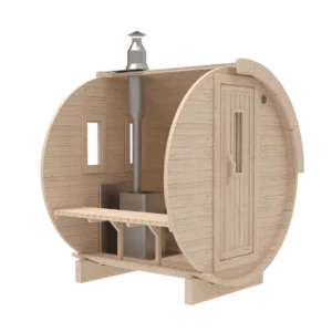 Outdoor barrel sauna, front-angle cutaway showing interior bench