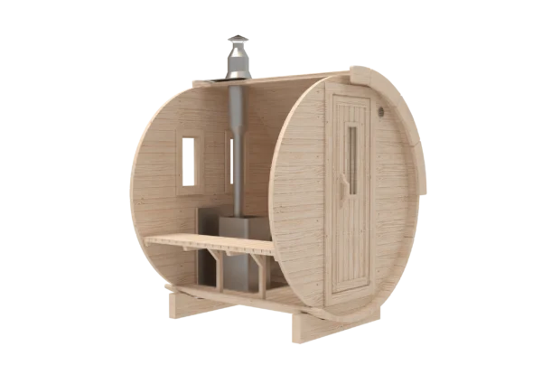 Outdoor barrel sauna, front-angle cutaway showing interior bench