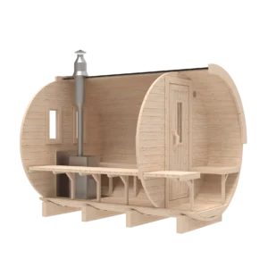 Outdoor barrel sauna, front-angle cutaway showing interior benches
