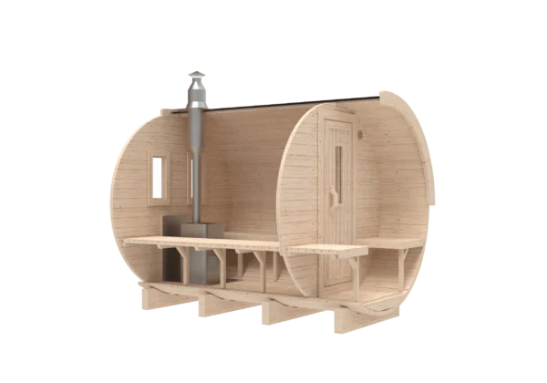 Outdoor barrel sauna, front-angle cutaway showing interior benches