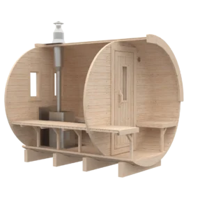 Outdoor barrel sauna, front-angle cutaway showing interior layout