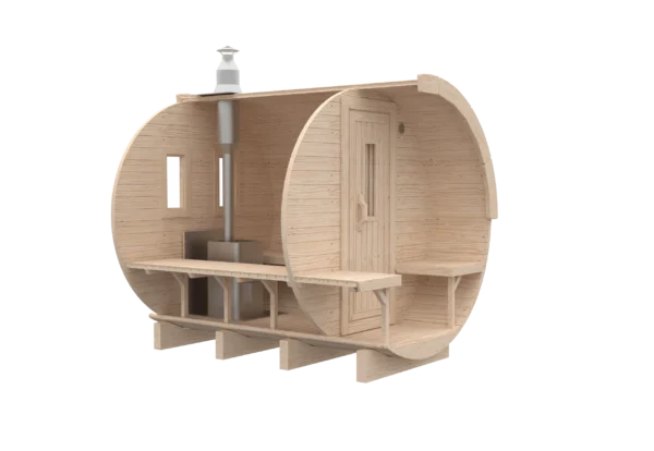 Outdoor barrel sauna, front-angle cutaway showing interior layout