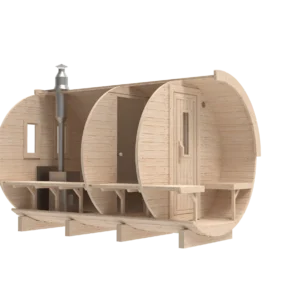 Outdoor barrel sauna, front-angle cutaway showing interior layout