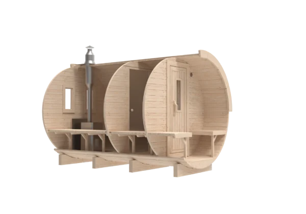 Outdoor barrel sauna, front-angle cutaway showing interior layout