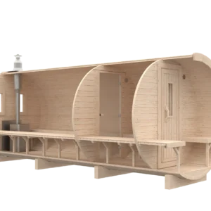 Outdoor barrel sauna, front-angle cutaway showing interior partitions