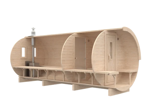 Outdoor barrel sauna, front-angle cutaway showing interior partitions