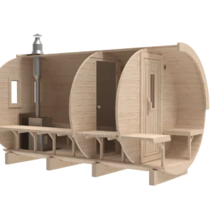 Outdoor barrel sauna, front-angle cutaway showing internal partitions