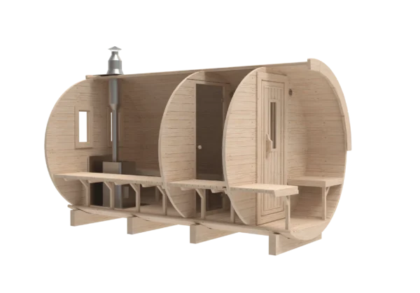 Outdoor barrel sauna, front-angle cutaway showing internal partitions