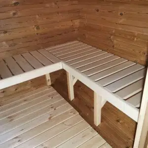 Outdoor barrel sauna, interior corner benches