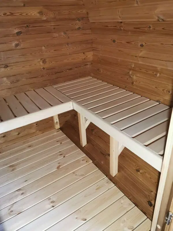 Outdoor barrel sauna, interior corner benches