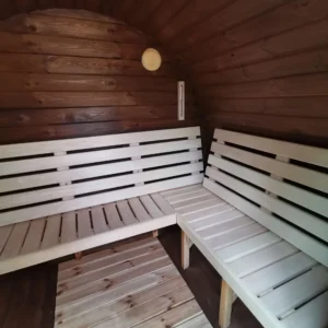 Outdoor barrel sauna, interior corner benches with backrests