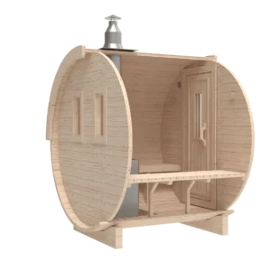 Outdoor barrel sauna, rear-angle cutaway showing interior bench