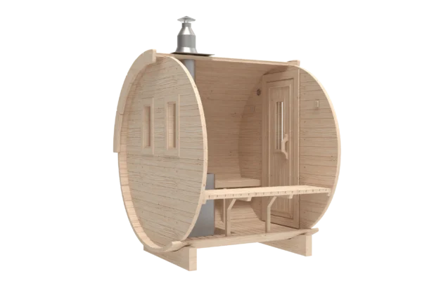 Outdoor barrel sauna, rear-angle cutaway showing interior bench