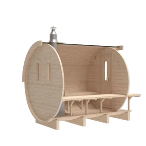 Outdoor barrel sauna, rear-angle cutaway showing interior benches