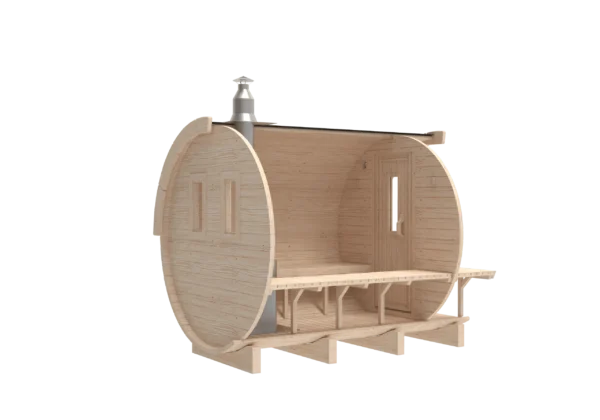 Outdoor barrel sauna, rear-angle cutaway showing interior benches