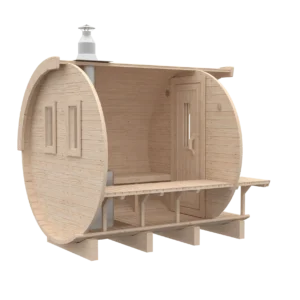 Outdoor barrel sauna, rear-angle cutaway showing interior layout
