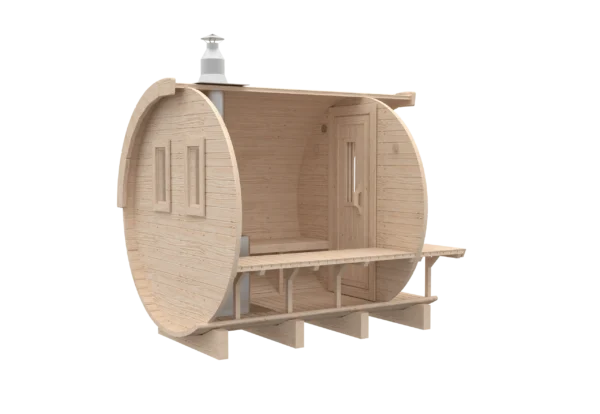 Outdoor barrel sauna, rear-angle cutaway showing interior layout