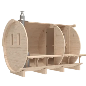 Outdoor barrel sauna, rear-angle cutaway showing interior layout