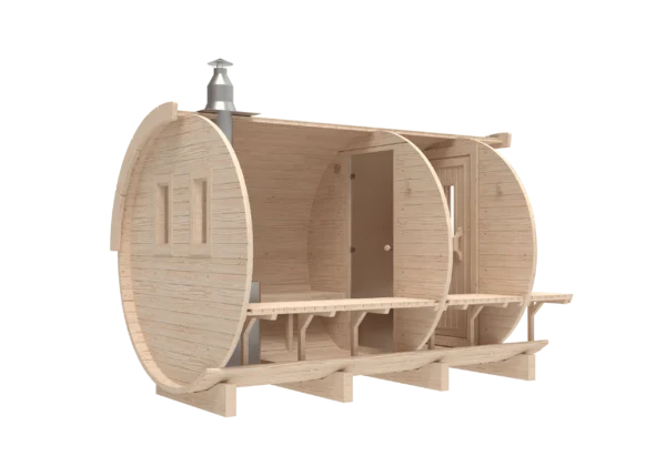 Outdoor barrel sauna, rear-angle cutaway showing interior layout