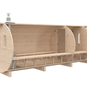 Outdoor barrel sauna, rear-angle cutaway showing interior partitions