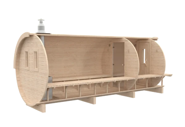 Outdoor barrel sauna, rear-angle cutaway showing interior partitions