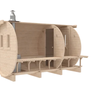 Outdoor barrel sauna, rear-angle cutaway showing internal partitions