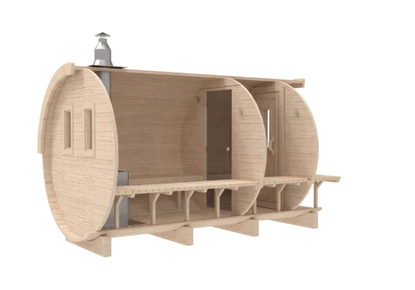 Outdoor barrel sauna, rear-angle cutaway showing internal partitions