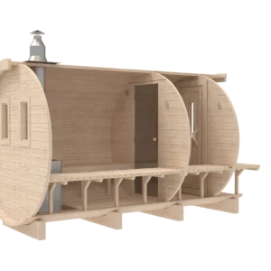 Outdoor barrel sauna, rear-angle cutaway showing internal partitions