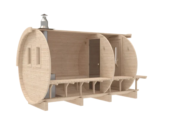 Outdoor barrel sauna, rear-angle cutaway showing internal partitions