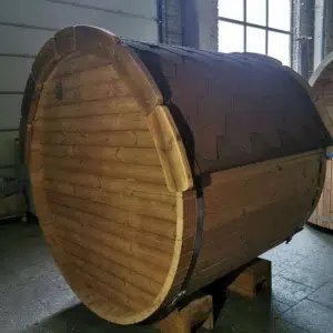 Outdoor barrel sauna, rear exterior with curved wooden wall